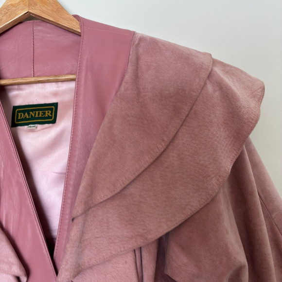 Vintage 80s Danier Pink Suede & Leather Cropped Jacket | Ruffle Collar Statement - Picture 4 of 12
